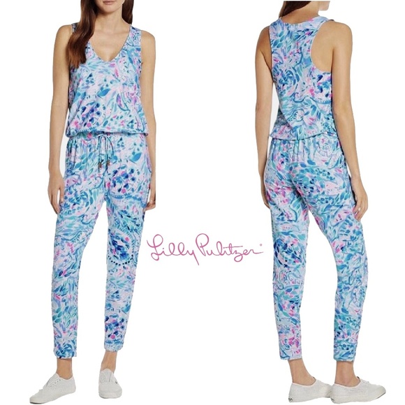 Lilly Pulitzer Rayon Jumpsuit Paulina Breakwater Party Wave Print Racer Back - Picture 1 of 14